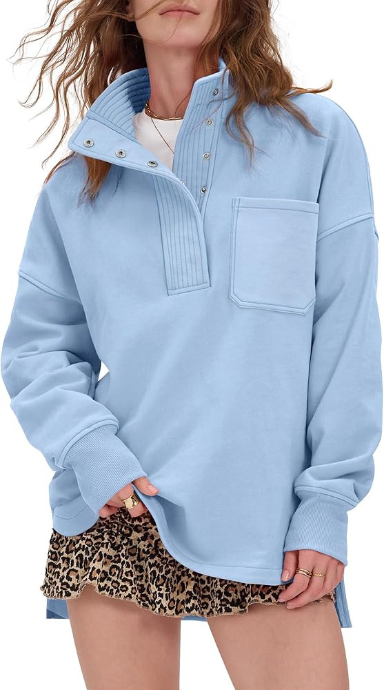 Locachy Womens Casual Oversized Sweatshirt Long Sleeve Button Henley Neck Pullover Tops Fashion O... | Amazon (US)