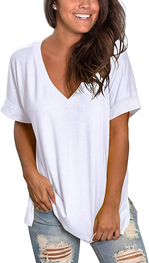 SAMPEEL Women's V Neck T Shirt Rolled Sleeve Side Split Tunic Tops | Amazon (US)