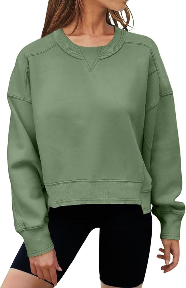MEROKEETY Women's Oversized Cropped Sweatshirts Crewneck Fleece Workout Pullover Sweater Fall Out... | Amazon (US)