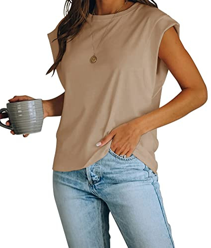 Women's Cap Sleeve Tank Top Crew Neck T Shirts Loose Fit Basic Summer Casual Tee Tops | Amazon (US)