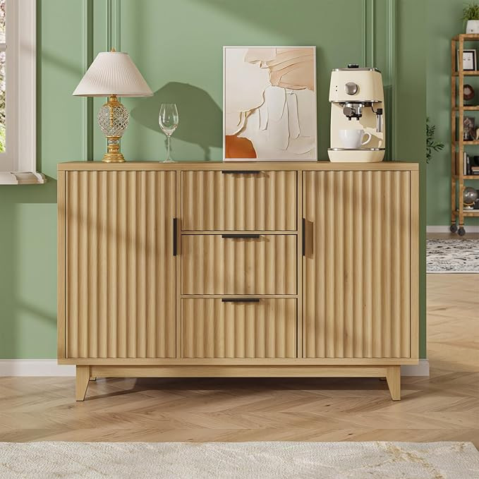47.2" W Storage Cabinet with 3 Drawers, Fluted Buffet Cabinets with Storage, Large Sideboard with... | Amazon (US)