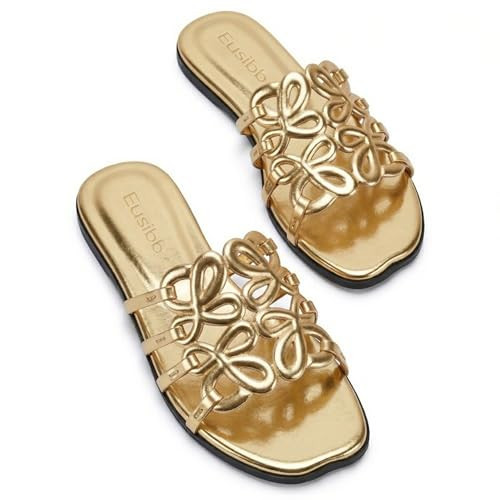 Eusibb Gold Flat Sandals for Women 2026 Luxury Open Toe Dressy Slip On Sandals Comfortable Slides for Summer | Amazon (US)