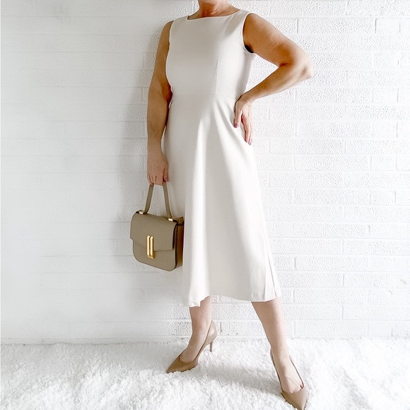 ANN TAYLOR Boatneck Full Midi Dress in Textured Stretch - Beige - 4P | Poshmark