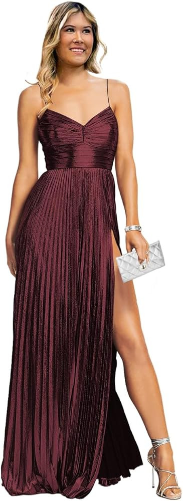 Glitter Metallic Satin Prom Dresses for Women 2024 Spaghetti Straps Long Formal Party Evening Gow... | Amazon (US)