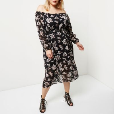 Plus black floral print bardot dress | River Island (UK & IE)
