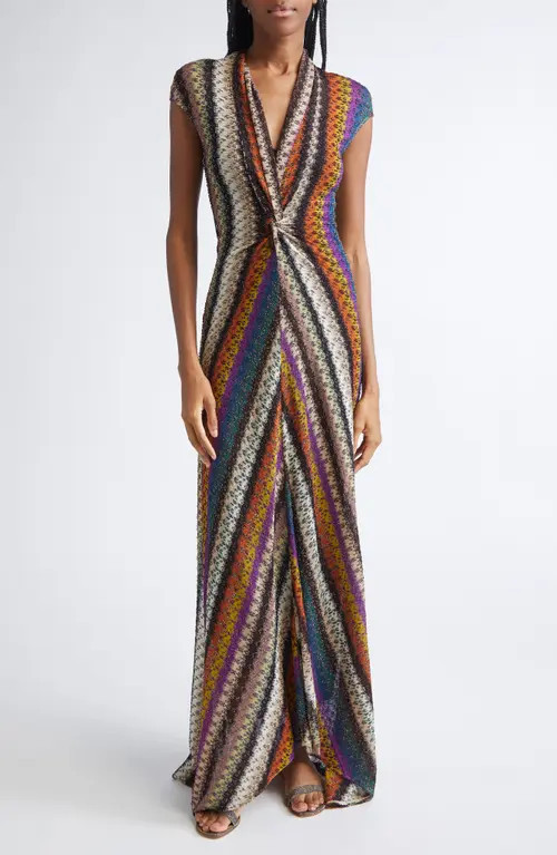 Missoni Stripe Twist Front Raschel Mesh Maxi Dress in Yellow And Purple Tones at Nordstrom, Size 4 Us | Nordstrom