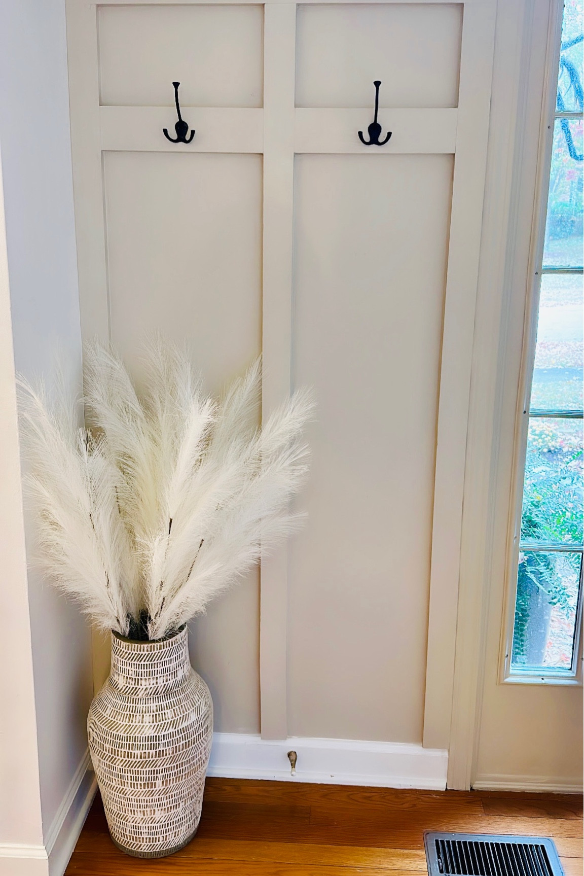 Black coat hooks large mud room inspo entryway inspo ideas 
Ceramic floor vase neutral white and tan 
Pampas grass ivory bunch of 3 this is 3 sets total so 9 pieces 

#LTKhome #LTKunder50 #LTKsalealert