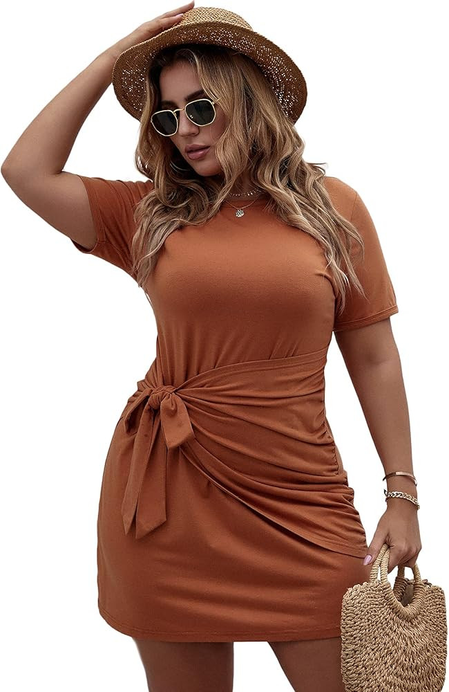 Romwe Women's Plus Size Short Sleeve Tie Knot Front Solid Summer T Shirt Dress | Amazon (US)
