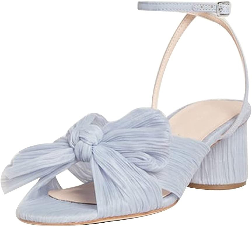Atsroel Womens Pleated Bowknot Heeled Sandals Open Toe Ankle Strap Block Chunky Heels Sandals For Wo | Amazon (US)