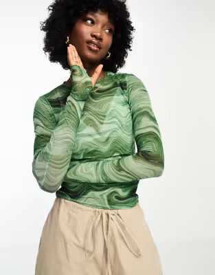 Monki long sleeve mesh top in green swirl print | ASOS (Global)