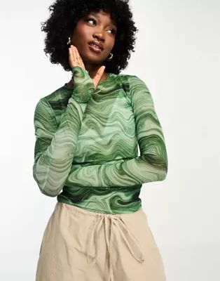 Monki long sleeve mesh top in green swirl print | ASOS (Global)