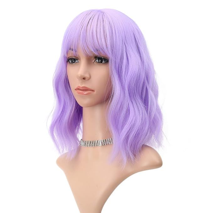 FAELBATY Wavy Wig Short Purple Wigs With Air Bangs Shoulder Length Wig For Women Curly Wavy Synth... | Amazon (US)