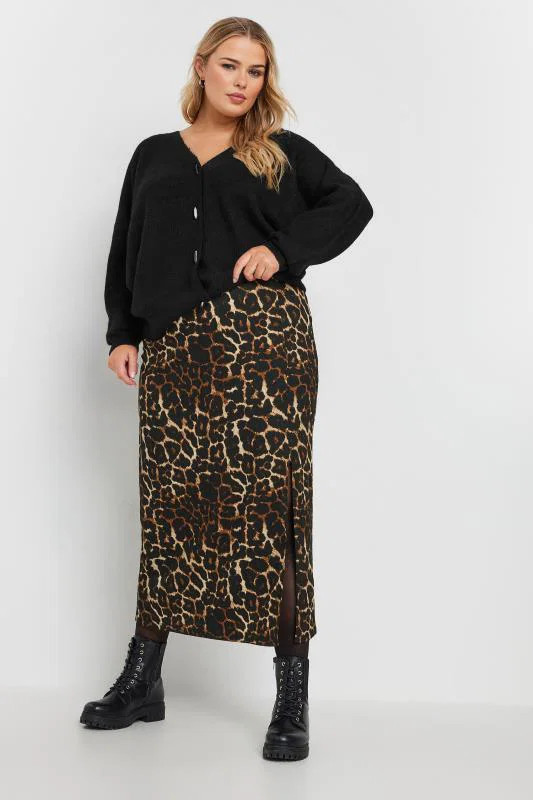 YOURS Plus Size Brown Textured Leopard Print Maxi Skirt | Yours Clothing UK