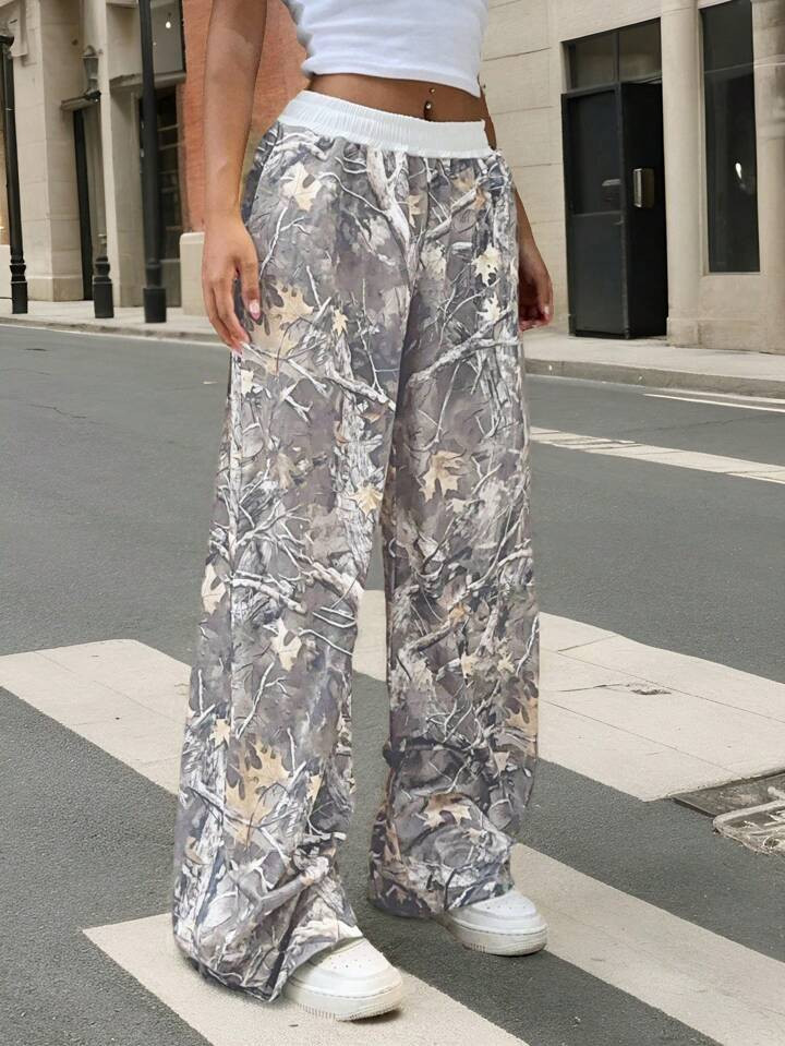 Muchica Branch Print Woven Women's Elastic Waist Casual Wide Leg Pants | SHEIN