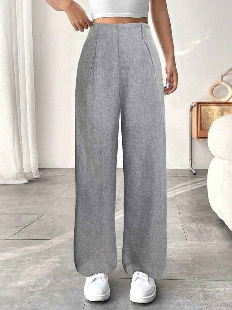 Chiquease Women's Solid Color Pleated Straight Leg Loose Casual Commuting Pants Fall Cloth | SHEIN