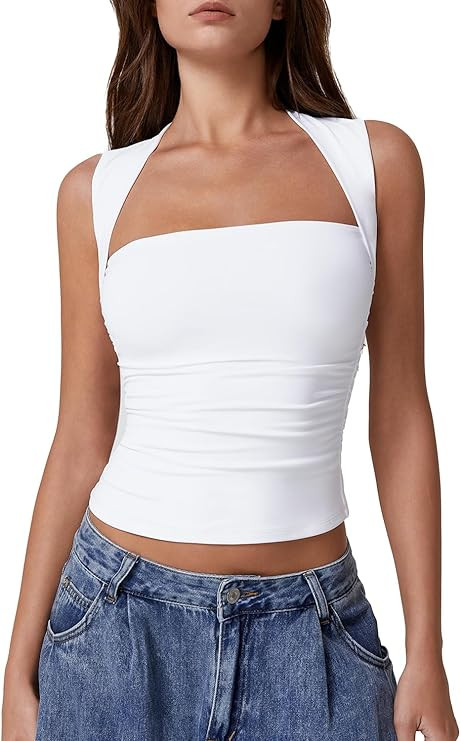 QINSEN Womens Square Neck Tank Tops Side Ruched Double Lined Slim Fit Summer Going Out Crop Top | Amazon (US)