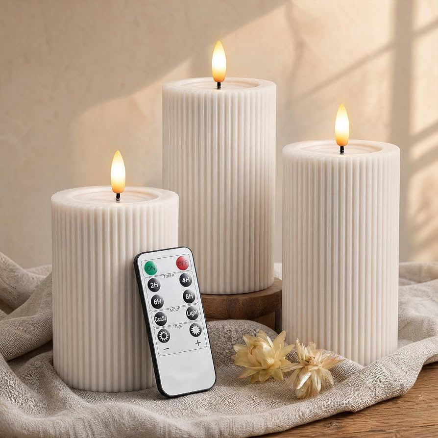 Fluted Ribbed LED Pillar Candles, Cream Beige, with Realistic Reflective Melted-Wax Effect \u2013... | Amazon (US)