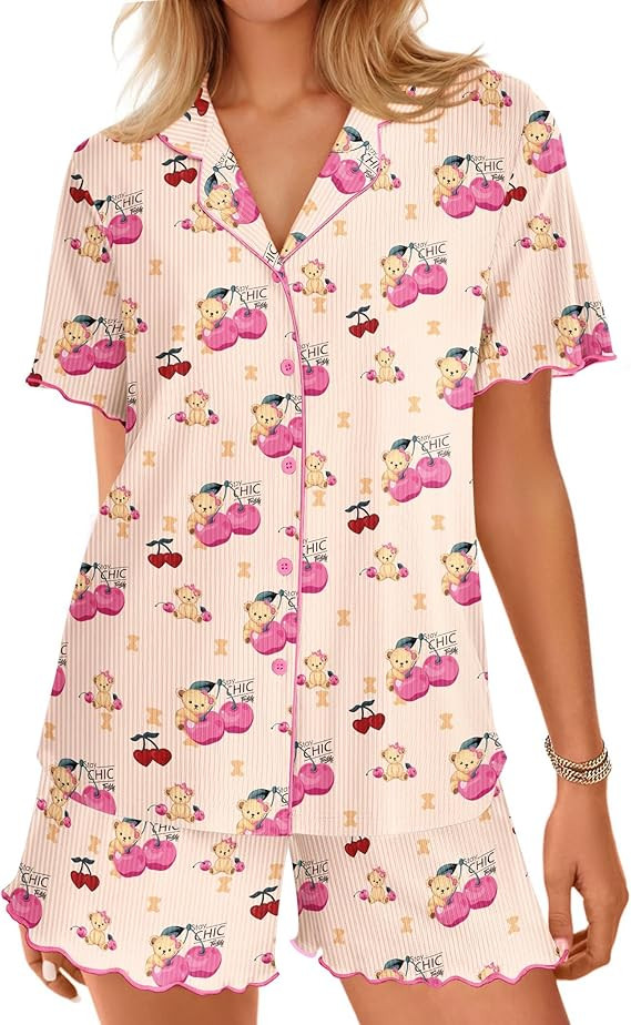 Ekouaer Button Up Pajamas Set for Women Short Sleeve Ribbed Knit Sleepwear 2 Piece Pjs Shorts Set... | Amazon (US)