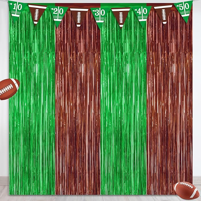 2 Pack Football Party Decorations, 3.28 FT x 7.05 FT Tinsel Backdrop, Brown Green Foil Fringe Cur... | Amazon (US)