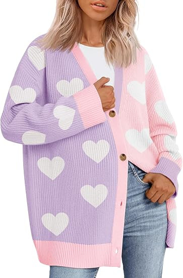 Saodimallsu Womens Heart Cardigan Sweaters Valentines Oversized Winter Color Block Button Up Cute... | Amazon (US)