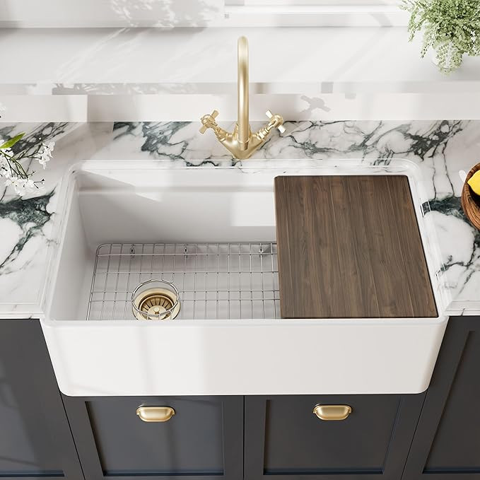 White Kitchen Sink 33 inch Single Bowl Apron Front Farmhouse Sink with Ledge, Grid and Cutting Bo... | Amazon (US)