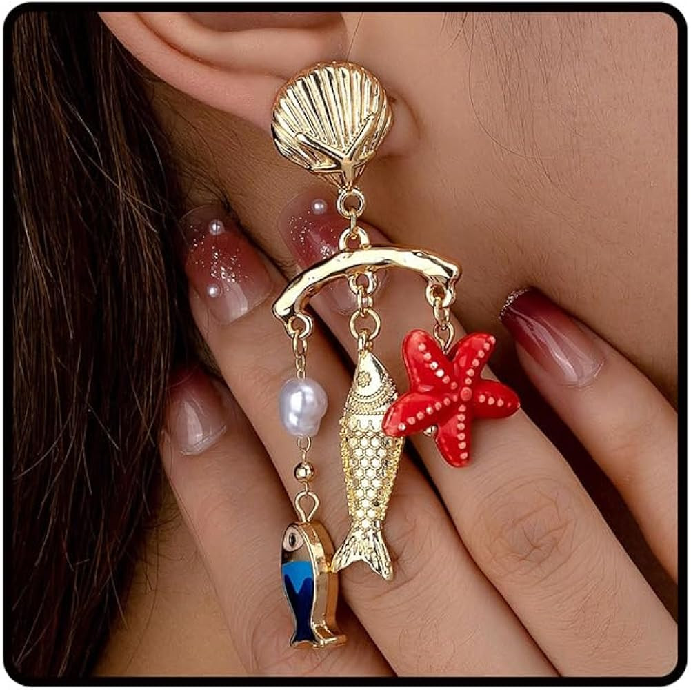 Boho Fish Earrings For Women, 14k Gold Plating Pearl Starfish Shell Colorful Enamel Summer Beach ... | Amazon (US)