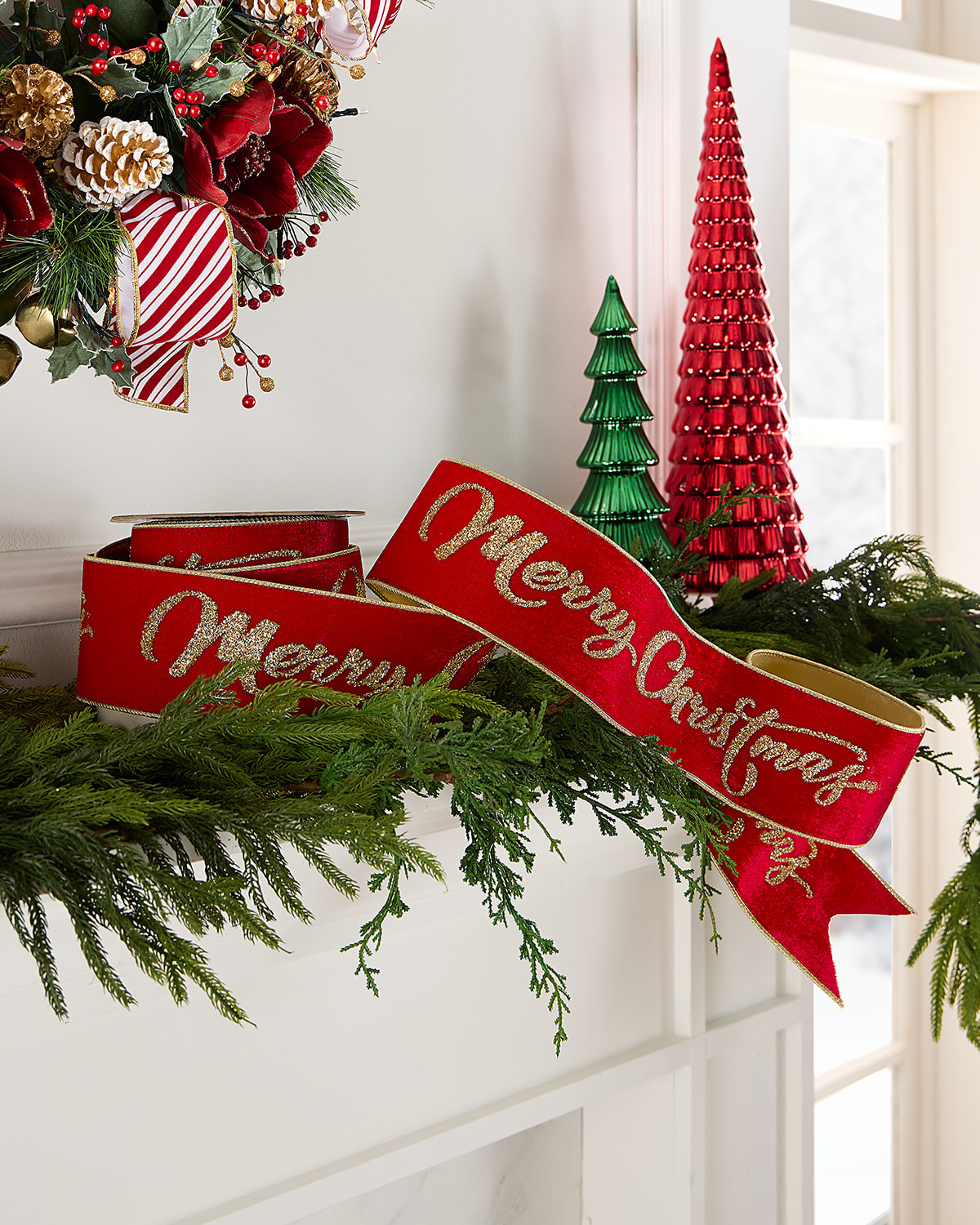 Merry Christmas Velvet Ribbon, 4"W x 10 Yards | Horchow