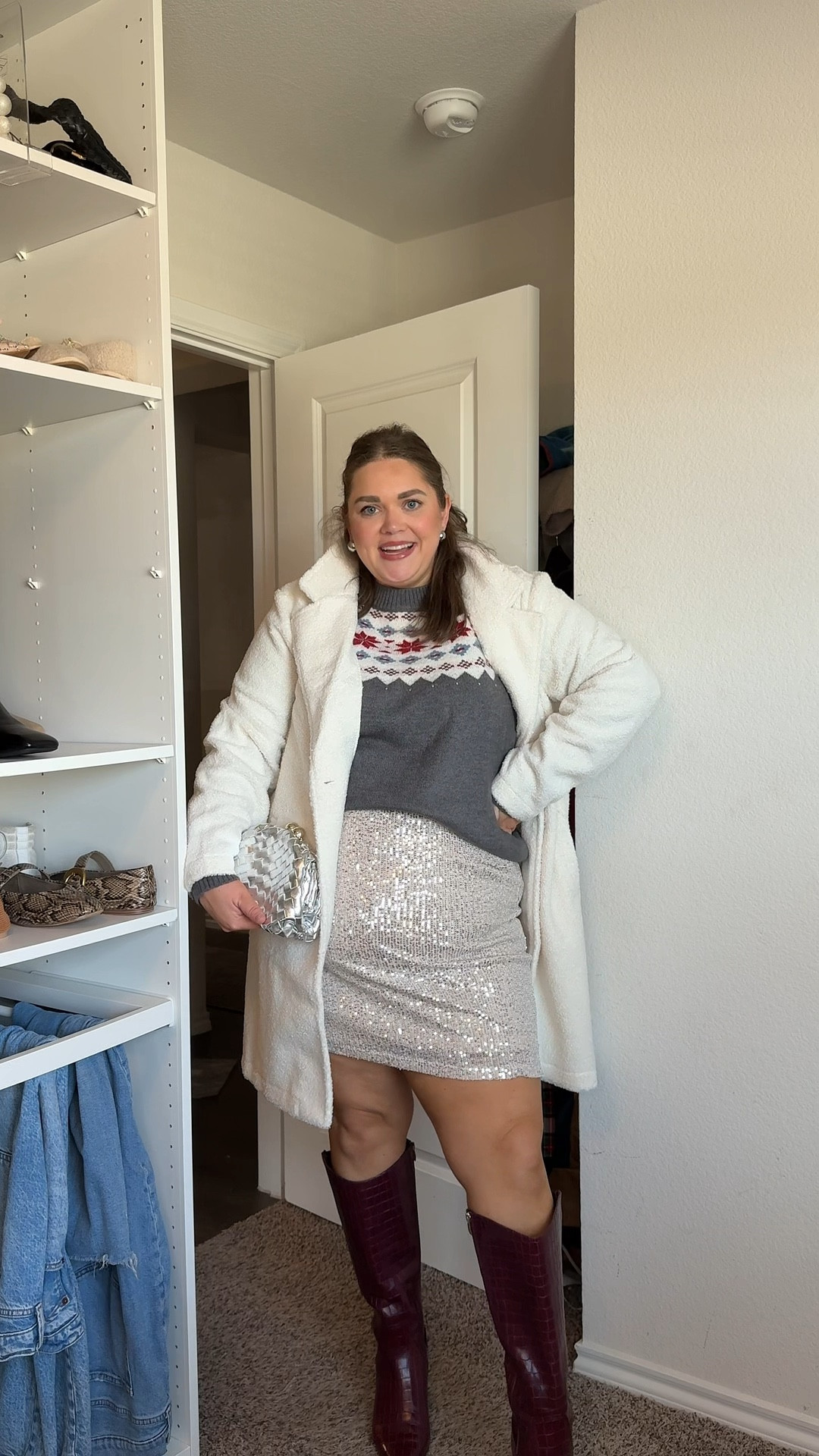 Size inclusive holiday outfit wearing xxl in fair isle sweater, Sherpa coat, and sequin skirt. Wide calf boots run true to size. Wearing 3x in flannel for oversized fit  

#LTKPlusSize #LTKHoliday