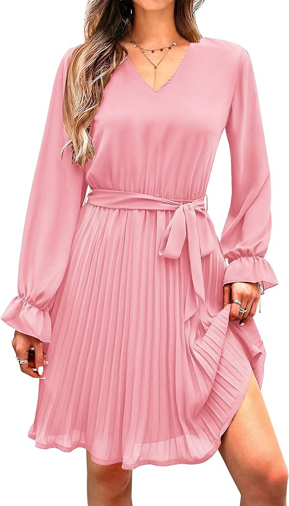 PRETTYGARDEN Women's Casual Spring Dresses Long Puff Sleeve V Neck Pleated Ruffle Flowy Belted Dr... | Amazon (US)