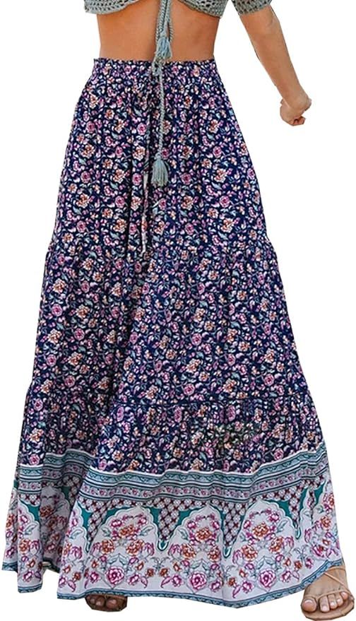 PRETTYGARDEN Women’s Boho Vintage Floral Print High Elastic Waist Pleased Long Maxi Skirt | Amazon (US)