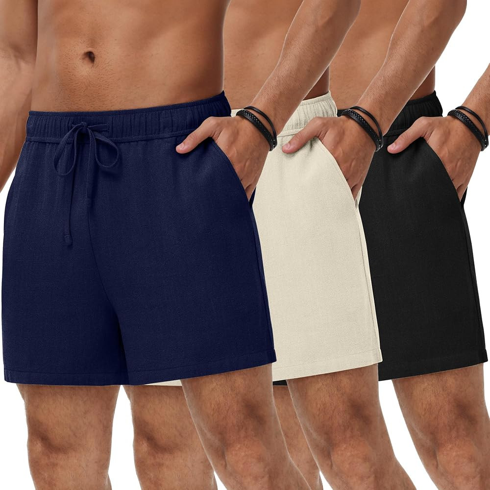Neer 3 Pack Men's Linen Shorts Casual Lightweight Elastic Waist Drawstring Summer Shorts with Poc... | Amazon (US)