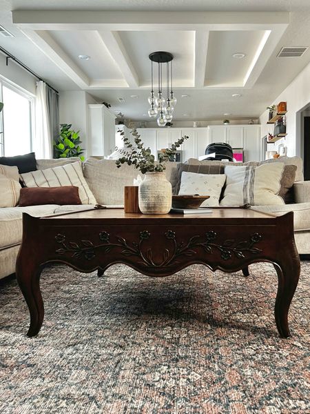 Found a similar coffee table to this gorgeous vintage coffee table that I got on FB Marketplace. 
It really elevated this room so much with those elegant French Provincial lines and carved details in the wood. 
 Between the rug and the coffee table, the living room is feeling more complete. 


#LTKhome