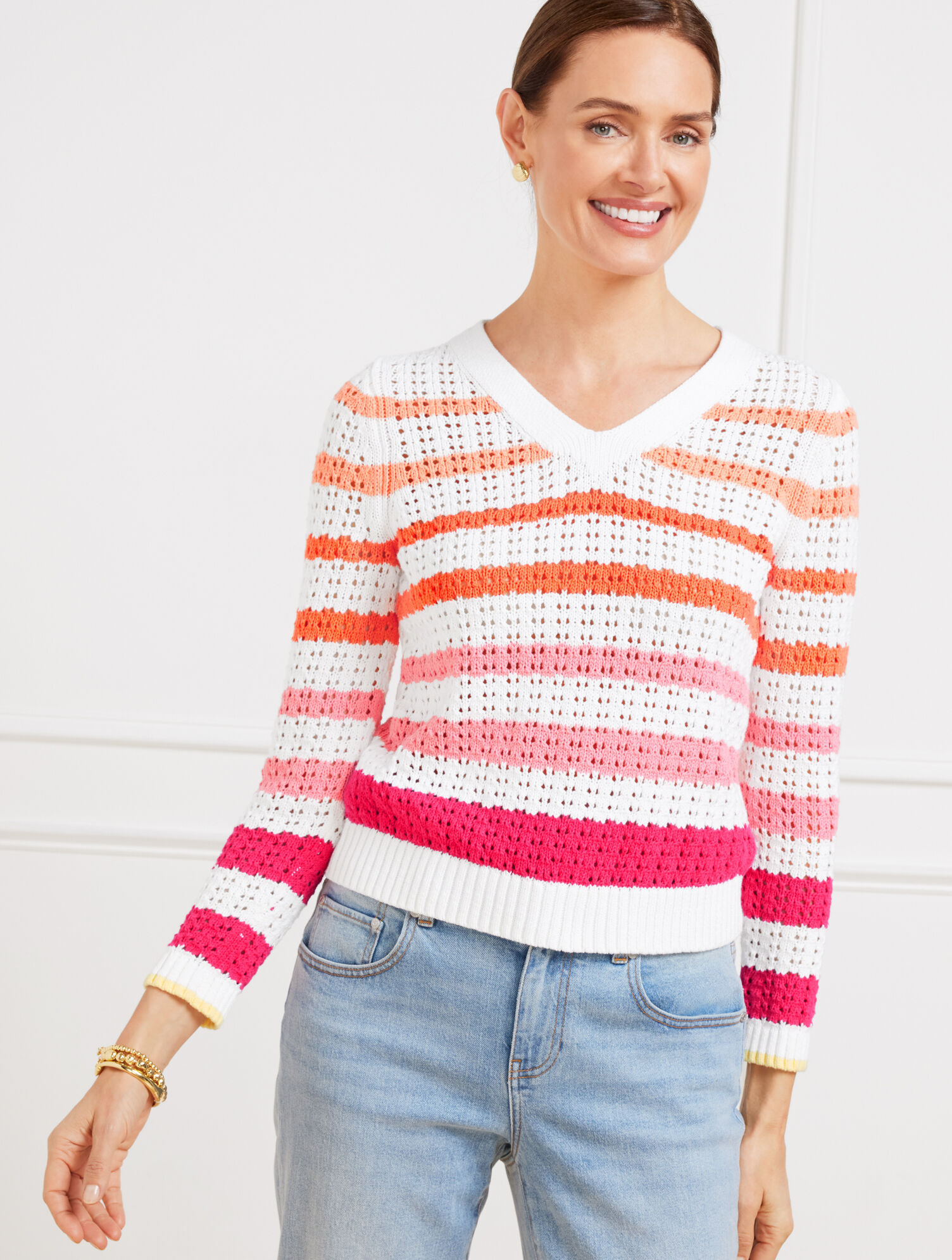 Open Stitch V-Neck Pullover - Multi Stripe | Talbots