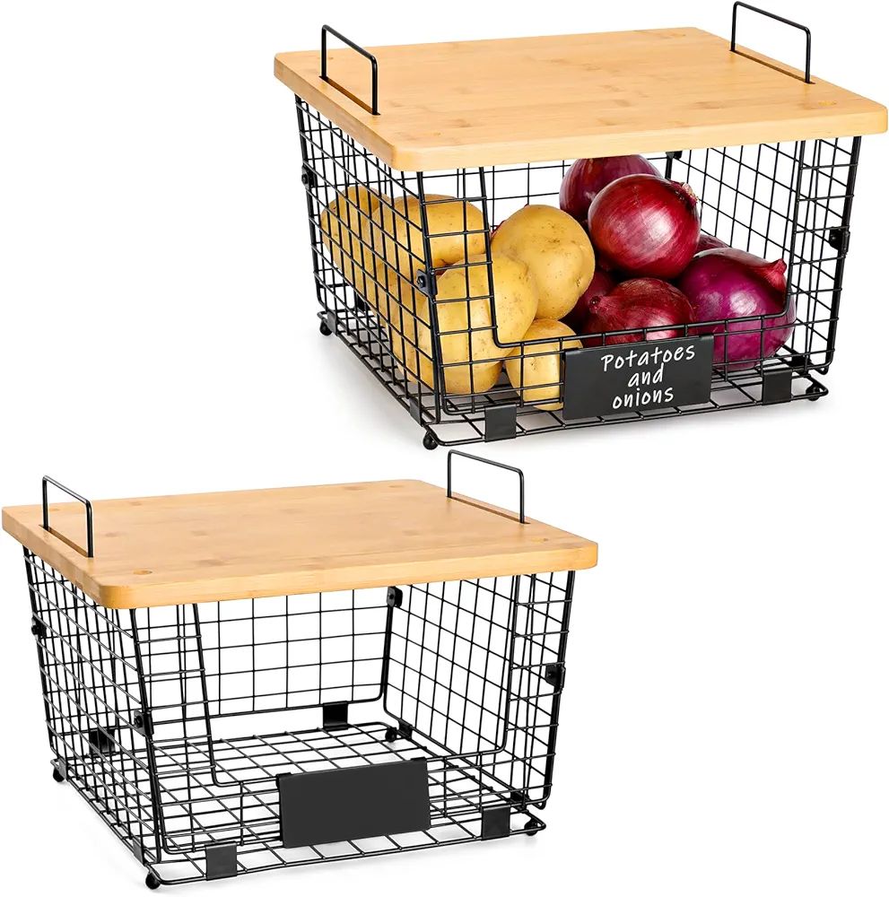 2 Set Stackable Wire Basket with Bamboo Top -Kitchen Counter, Pantry Organization and Storage - C... | Amazon (US)