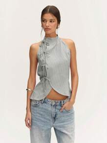 Nöista Summer Chinese Style Neckline Linen Stripes Sleeveless Bows Detail Featuring Linen Stripe... | SHEIN