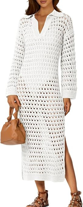 Saodimallsu Womens Crochet Swimsuit Cover Up V Neck Collared Long Sleeve Mesh Knit Long Beach Cov... | Amazon (US)