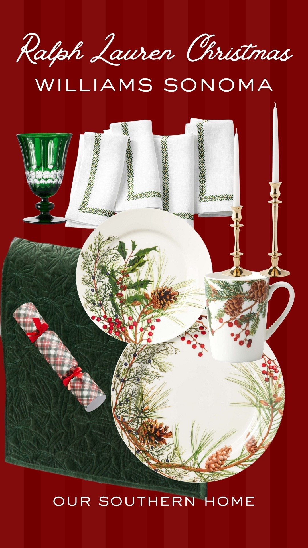 Ralph Lauren Christmas style with classic Christmas china, green velvet runner, green glassware, brass Candice’s and plaid accents. All from Williams Sonoma.



#LTKHoliday #LTKSeasonal #LTKHome