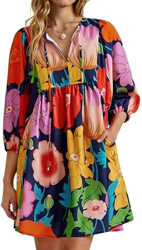 Yousify Womens Summer Dresses Floral Mini Babydoll Dress V Neck Puff Sleeve Loose Fit Boho Beach ... | Amazon (US)
