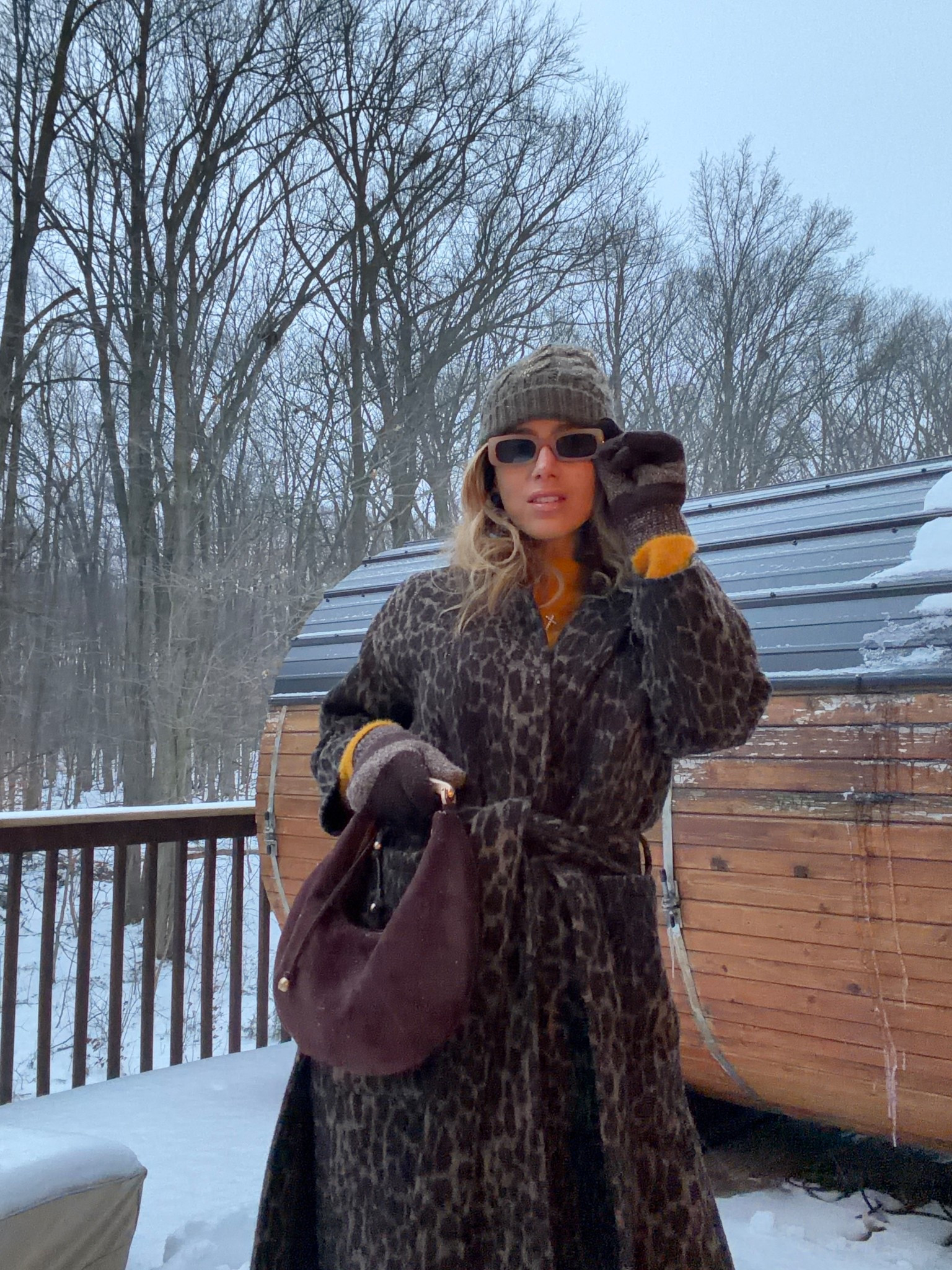 End of the year outfit. Outfit of the day. Winter outfit. Michigan outfit. Anthropologie printed coat. Target brown suede bag. Abercrombie beige denim  

#LTKSeasonal #LTKootd