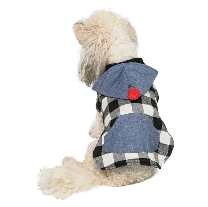 Black & White Buffalo Check Hooded Flannel Dog Jacket with Denim Hood and Red Pom Pom - X-Small | Amazon (US)