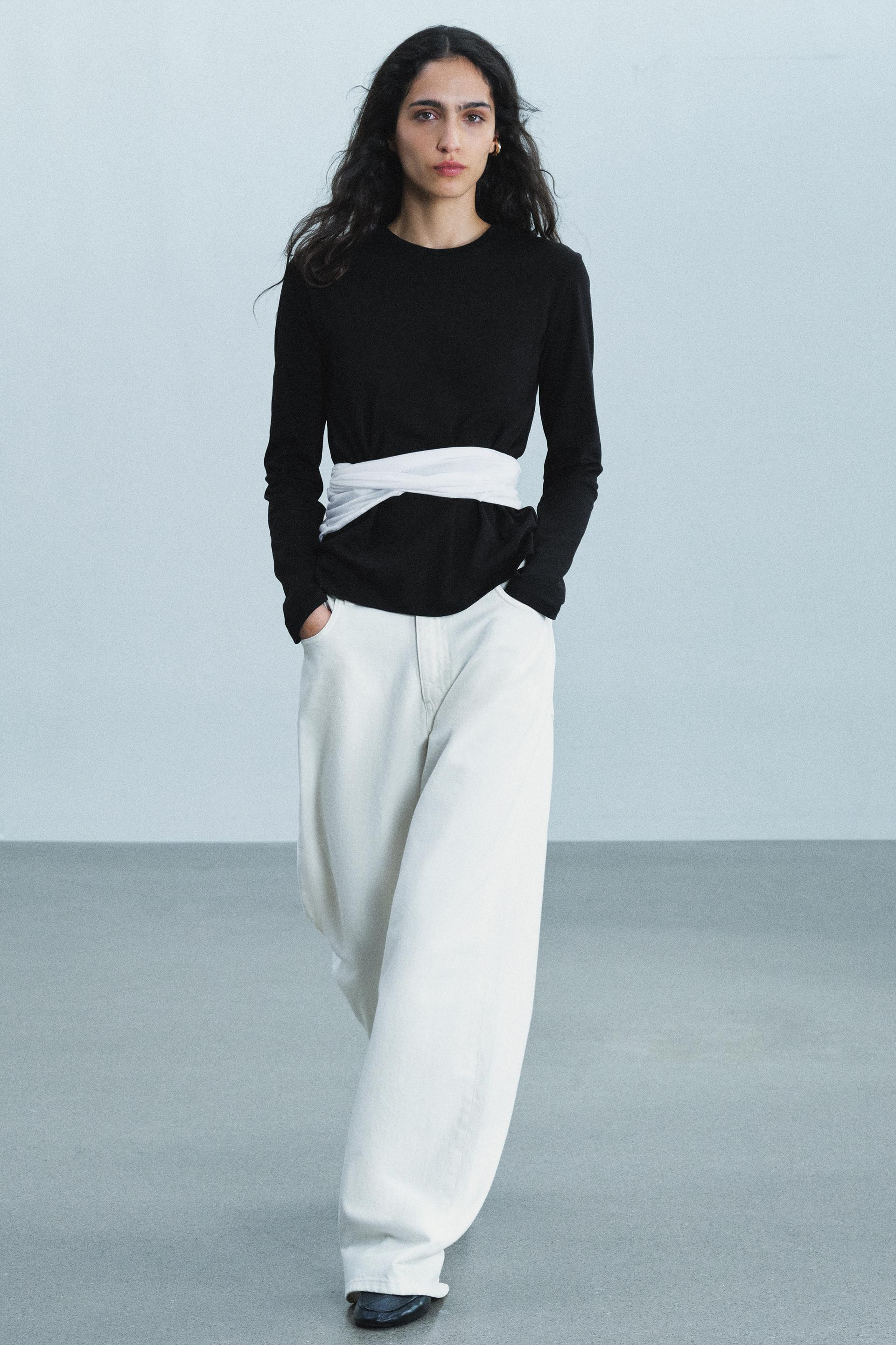 Zara - Long Sleeve Interlock T-Shirt - Ecru - S - Woman | Zara UK