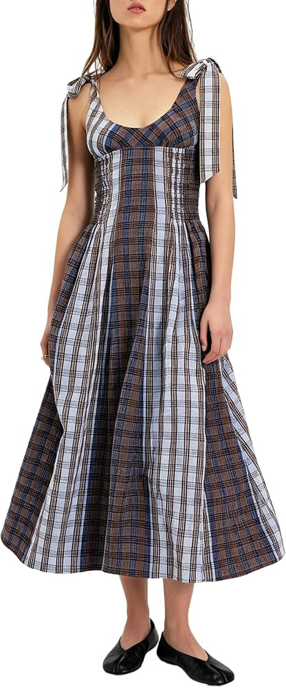 Women Tie Shoulder Maxi Dress Flowy Smocked Long Dress | Amazon (US)