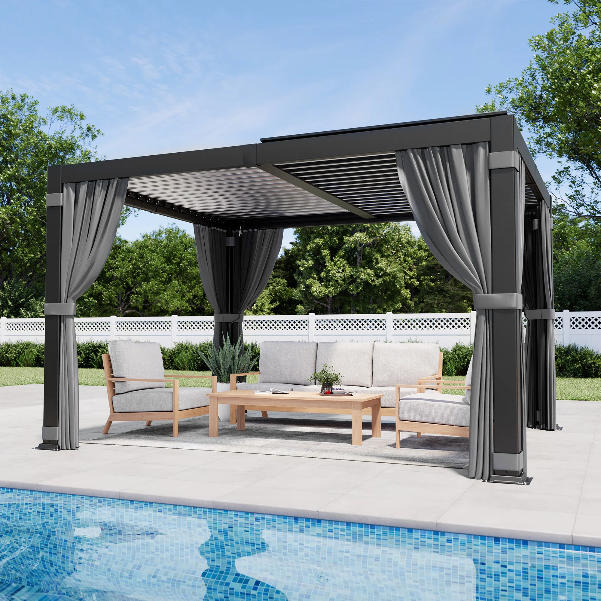 12 ft. W x 10 ft. D Aluminum Pergola with Adjustable Louvered Roof Waterproof Curtains and Nets | Wayfair North America