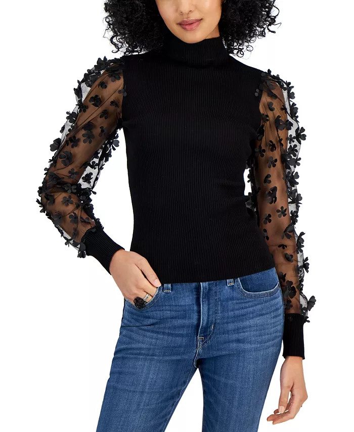 Juniors' Sheer-Sleeve 3D-Flower Mock Neck Sweater | Macy's