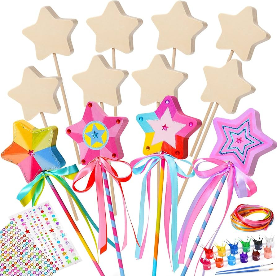 Atoylink 47 Pcs Princess Wand Kit 12 Thick Unfinished Wood Crafts for Kids Make Your Own Fairy Wa... | Amazon (US)