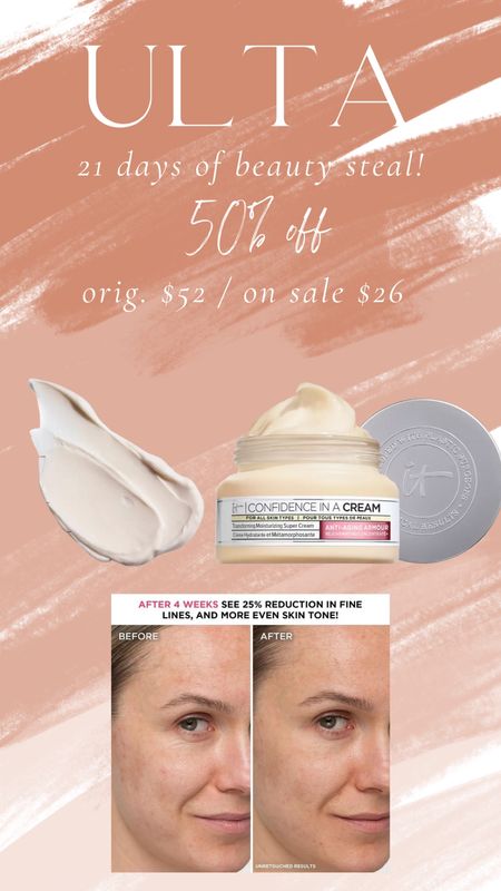 HUGE SALE! iT Cosmetics Confidence in a Cream is 50% off, TODAY ONLY! 

#ulta21daysofbeautysteal #ulta

#LTKbeauty #LTKFind #LTKsalealert