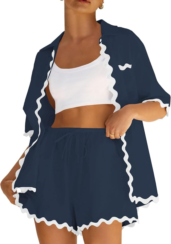 ARTFREE Women's 2 Piece Outfit Sets Beach Short Sleeve Button Down Shirts and Shorts Pajama Sets ... | Amazon (US)