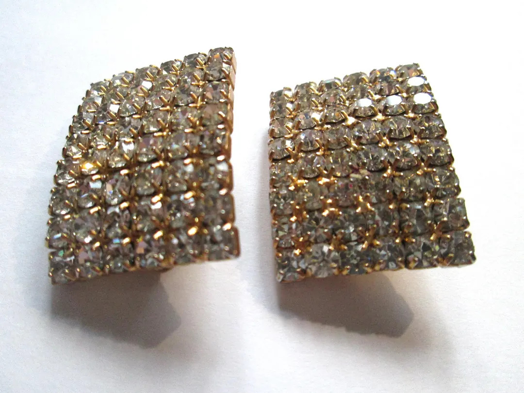 Large Clear Rhinestone Gold Plated Clip Rectangle Earrings | Etsy (US)