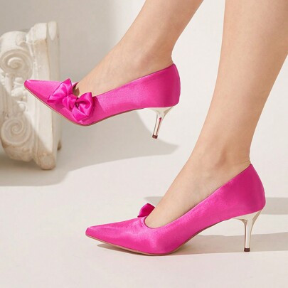 Fashionable Elegant Fuchsia Satin Bow Pointy Toe High Heel Pumps, Suitable For Wedding, Bridesmaid, Party, Holiday, Christmas, Valentine, Comfortable | SHEIN