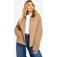 Womens Washed Cord Collar Oversized Barn Jacket - Beige - 10, Beige | Boohoo.com (UK & IE)